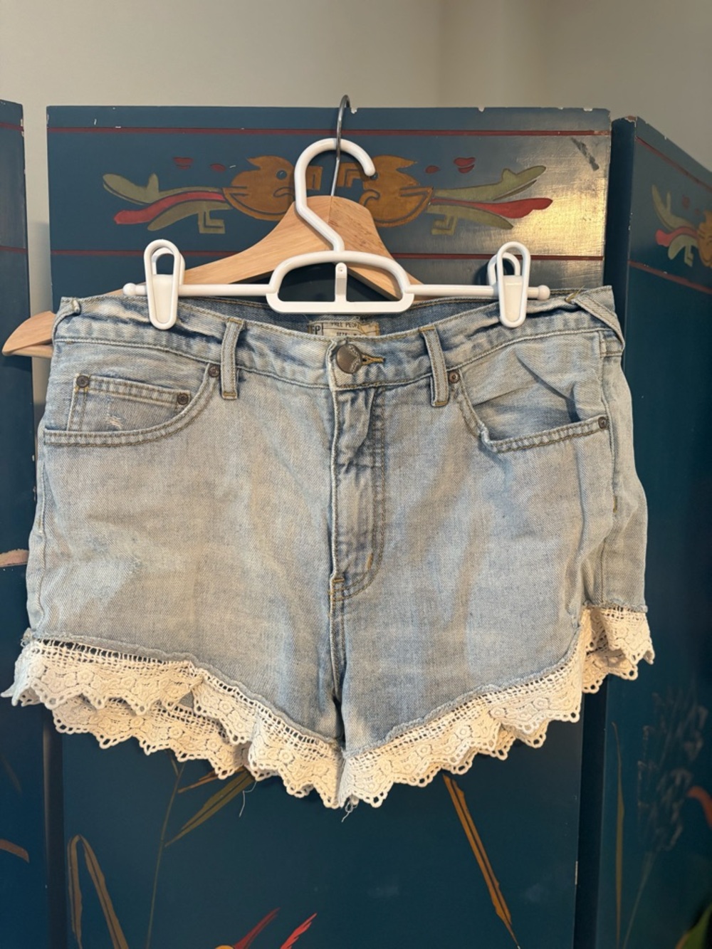 Free People Light Blue Denim Shorts with Cream Crochet Hem